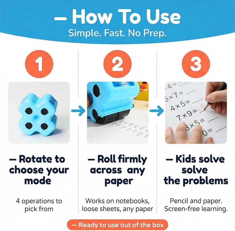 How to use: rotate to choose a mode, roll across paper, kids solve the problems