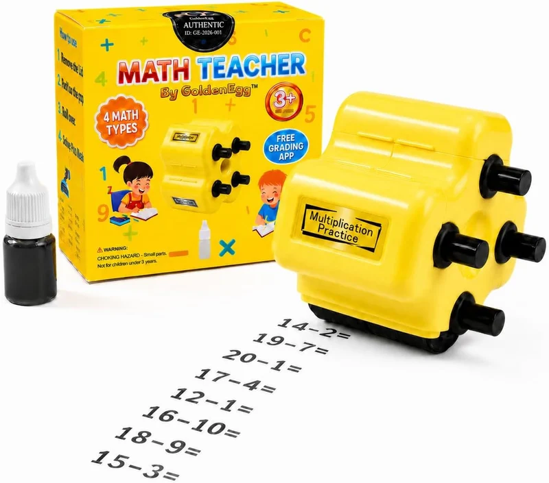 Yellow 4-in-1 Math Roller Stamp with box and printed problems