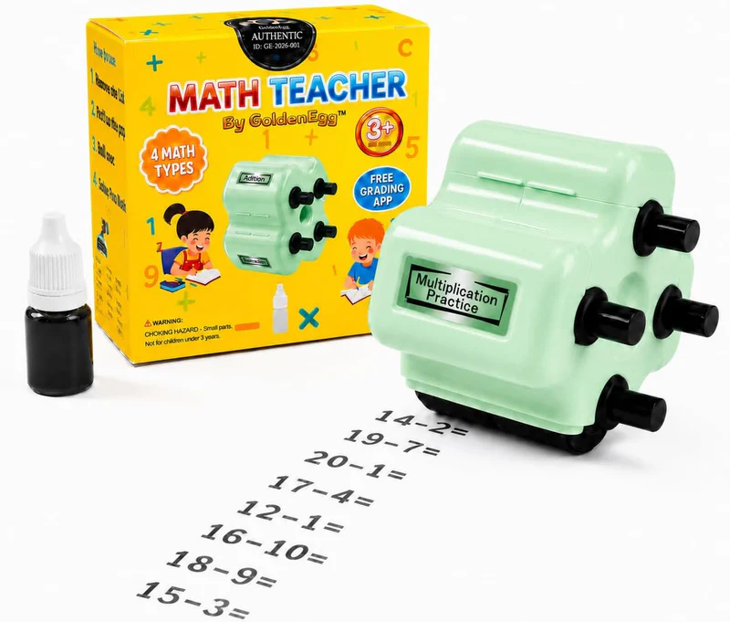 Green 4-in-1 Math Roller Stamp with box and printed problems