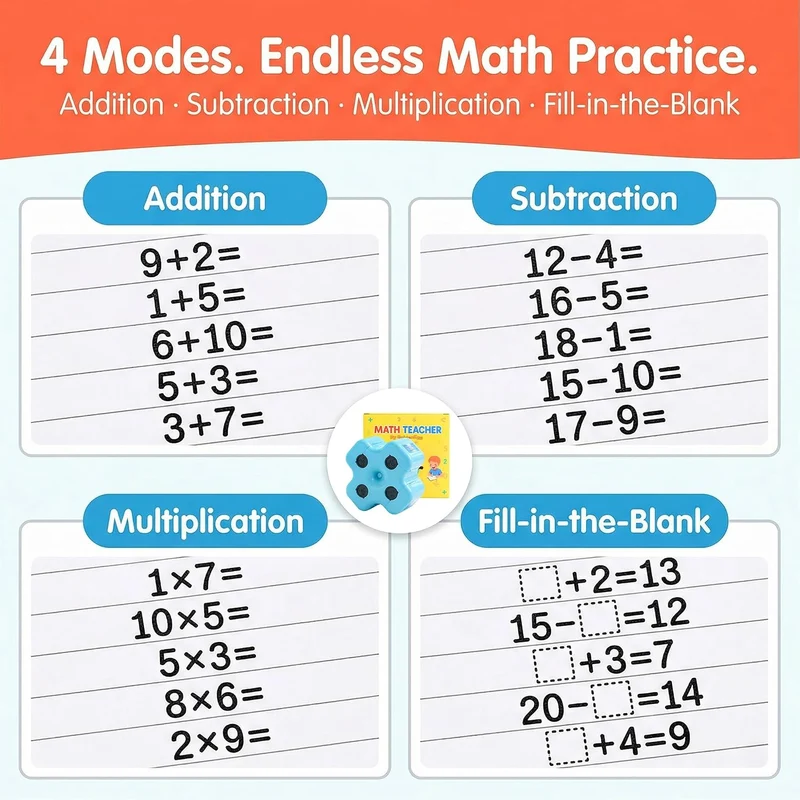 Four modes: addition, subtraction, multiplication and fill-in-the-blank examples