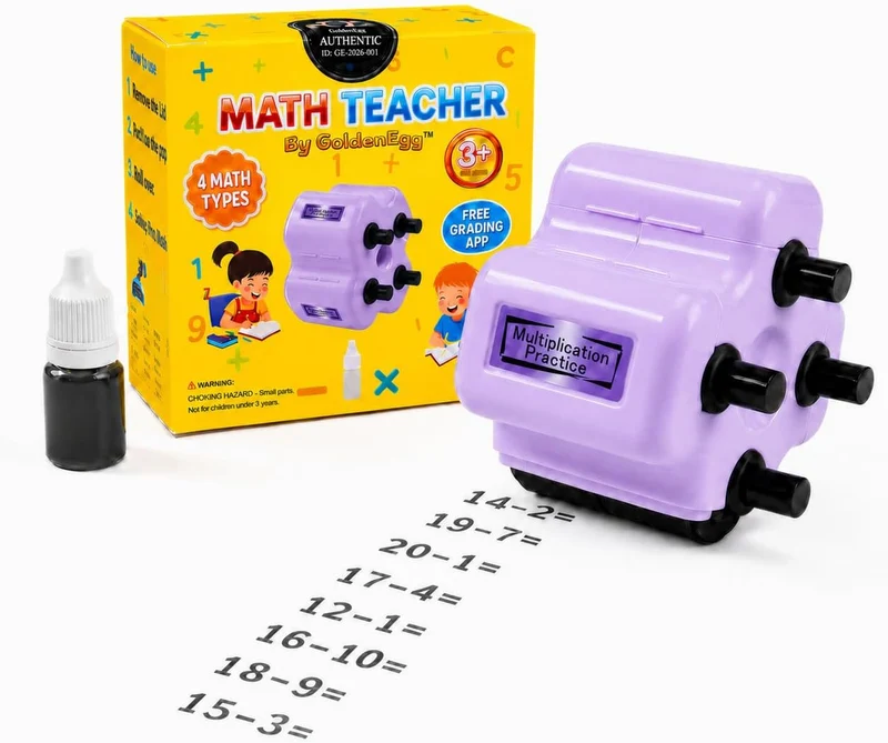 Purple 4-in-1 Math Roller Stamp with box and printed problems