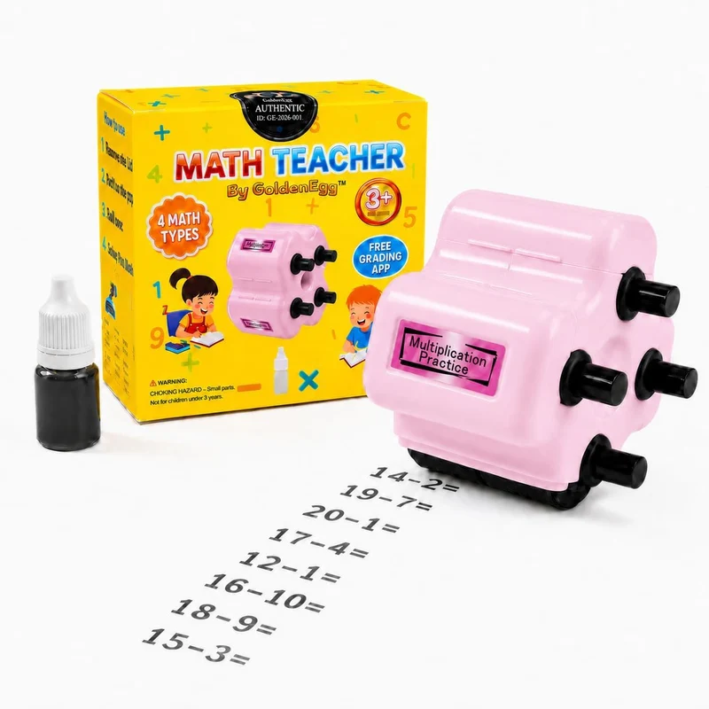 Pink 4-in-1 Math Roller Stamp with box and printed problems